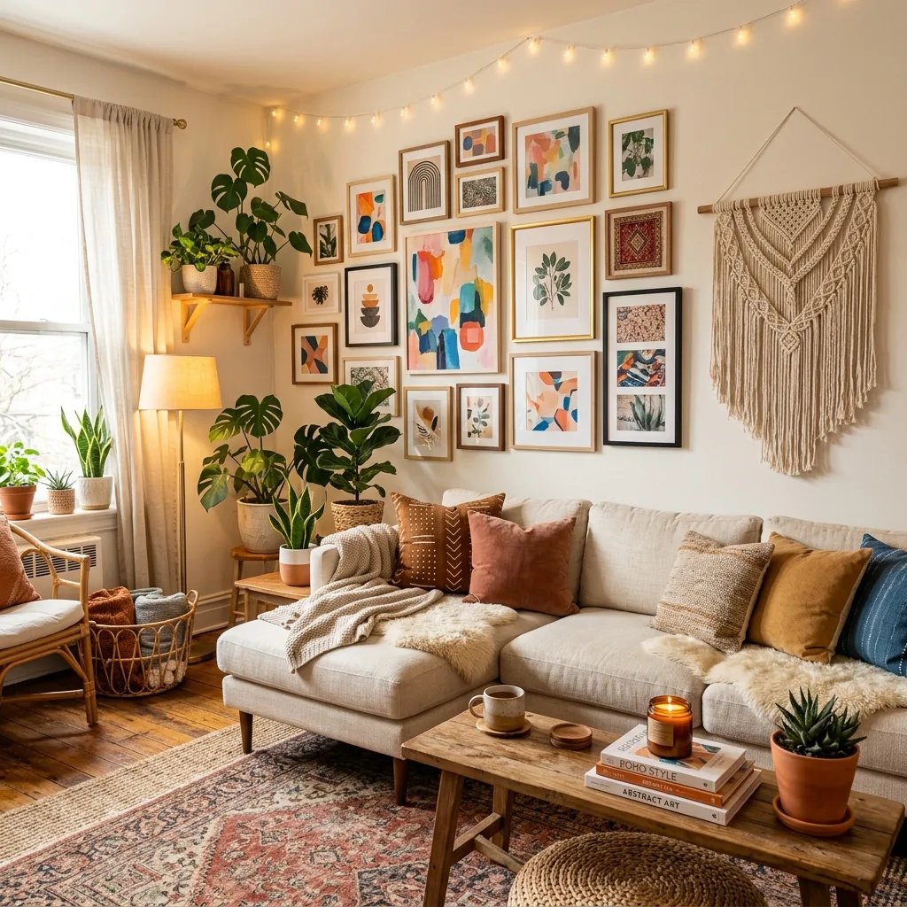 Boho gallery wall in a living room